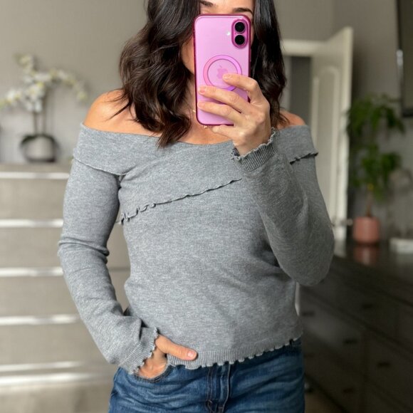 Women’s Gray Off-Shoulder Lettuce Hem Knit Top - Picture 8 of 12